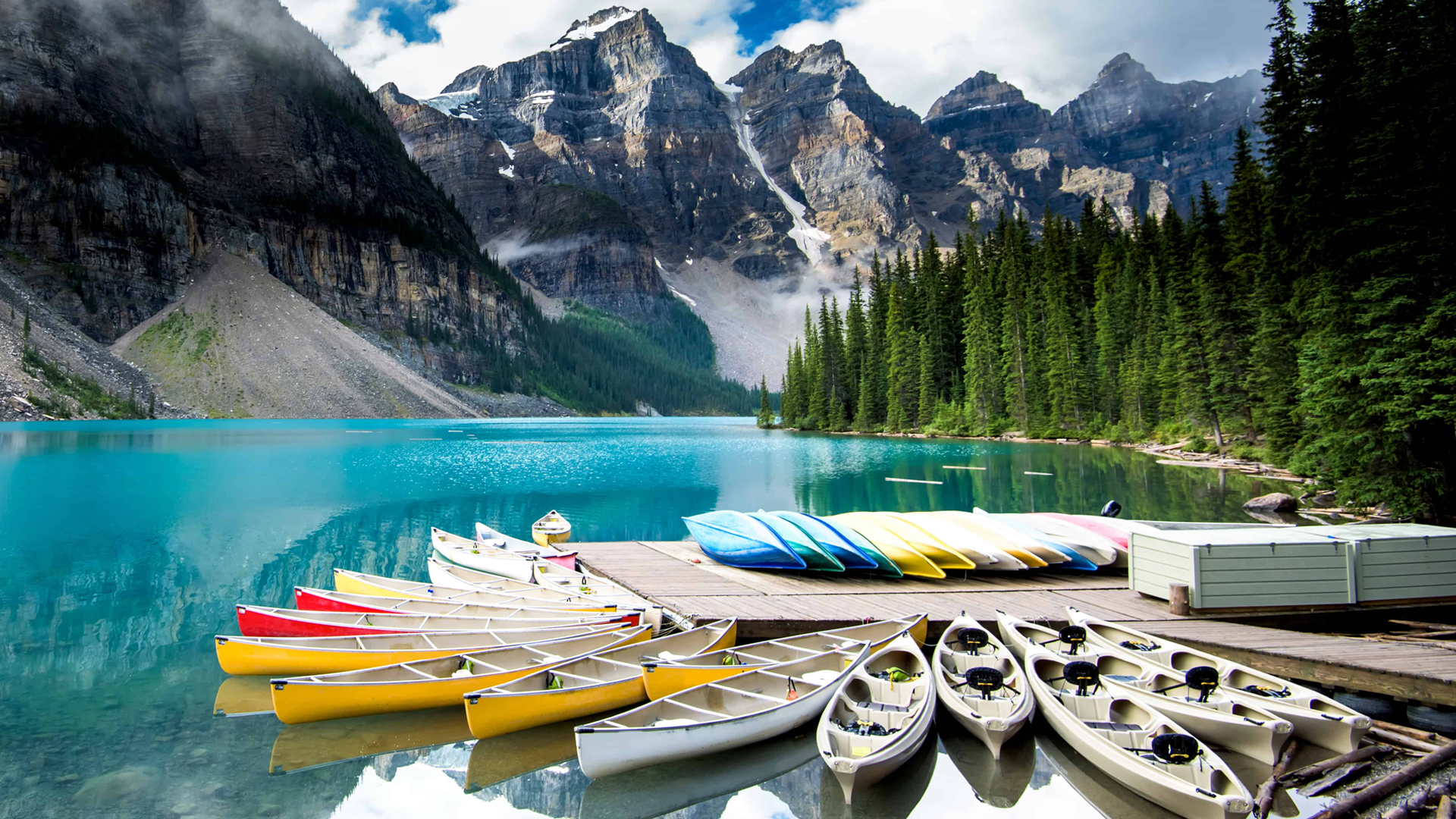Canoes on a mountain lake