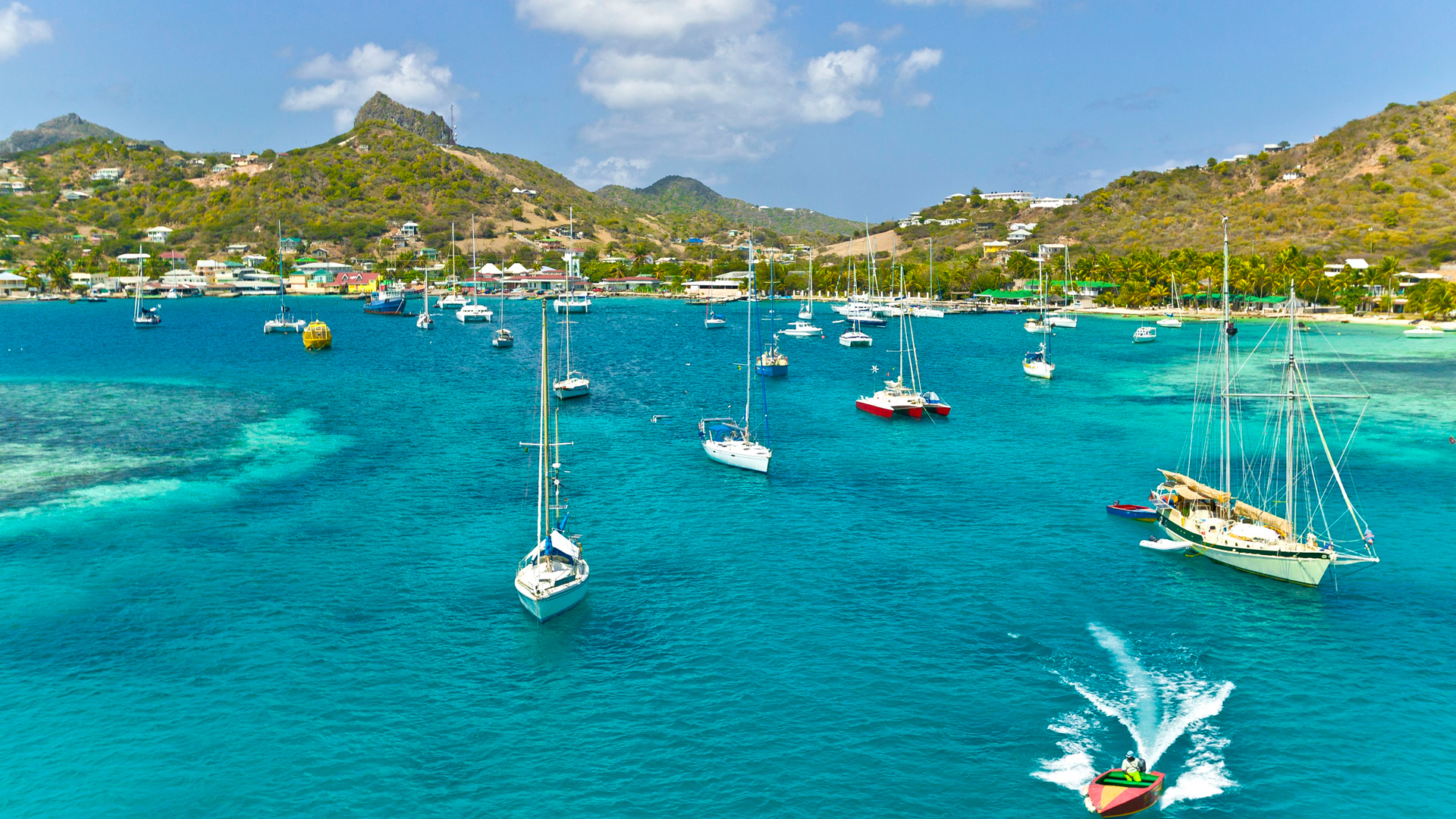 Sailboats moored in a Caribbean bay