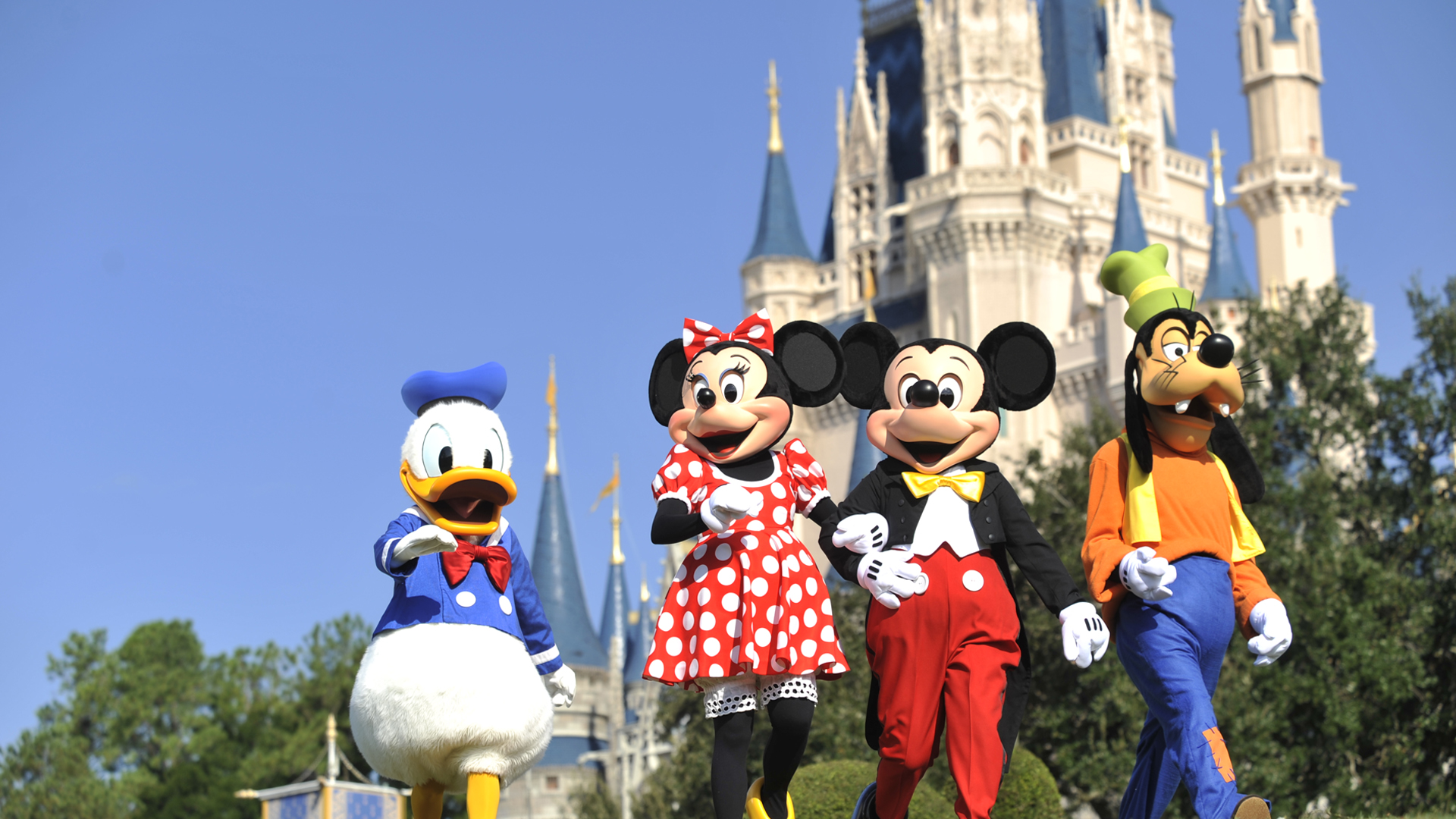 Theme park characters at the castle